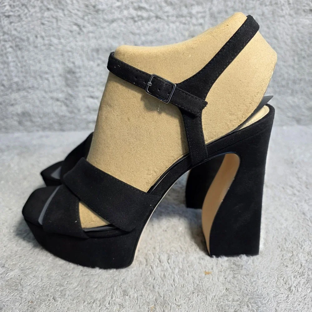 Nine West Black‎ Faux Suede Platform  Chunky Block Heels Sandals 10 NEW
